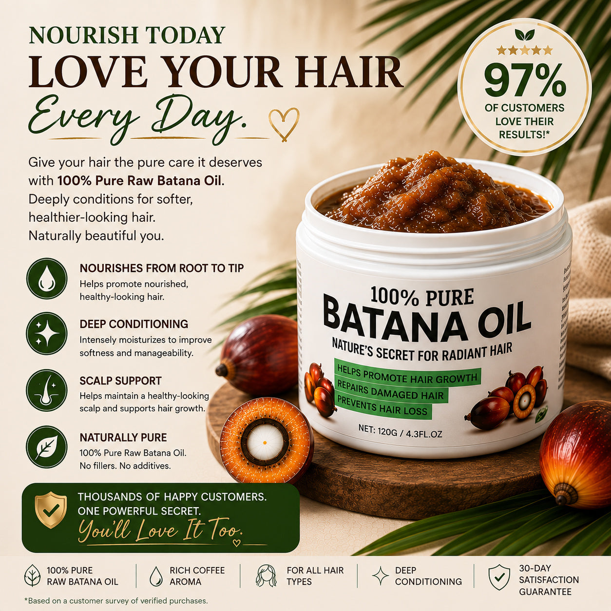 A jar of Nourish Today Banana Oil hair treatment shown on a styled background with banana leaves, raw bananas, and a kraft paper sack. The image includes marketing text, icons, and a badge stating 97% of customers love the results.