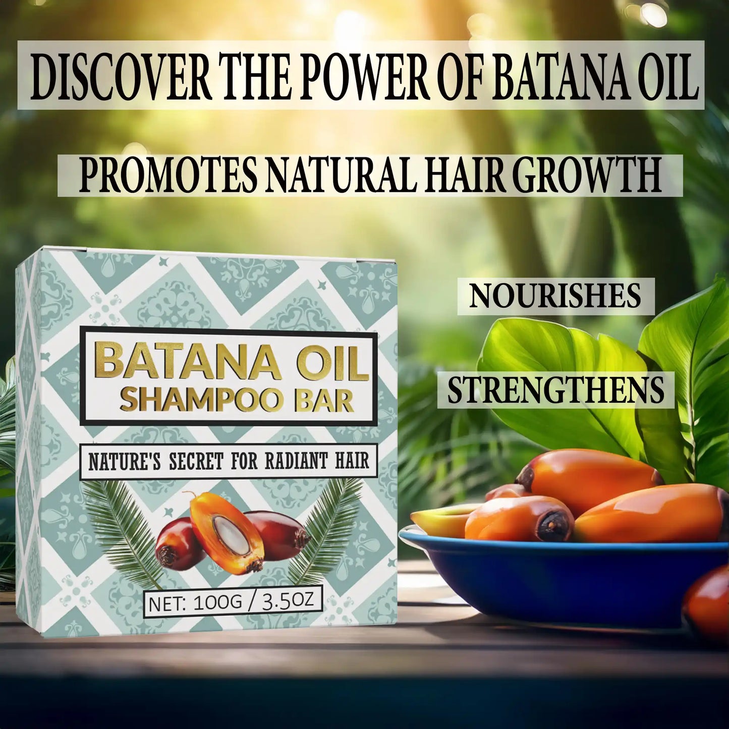 solid shampoo bar made with batana oil product packaging beside batana fruit
