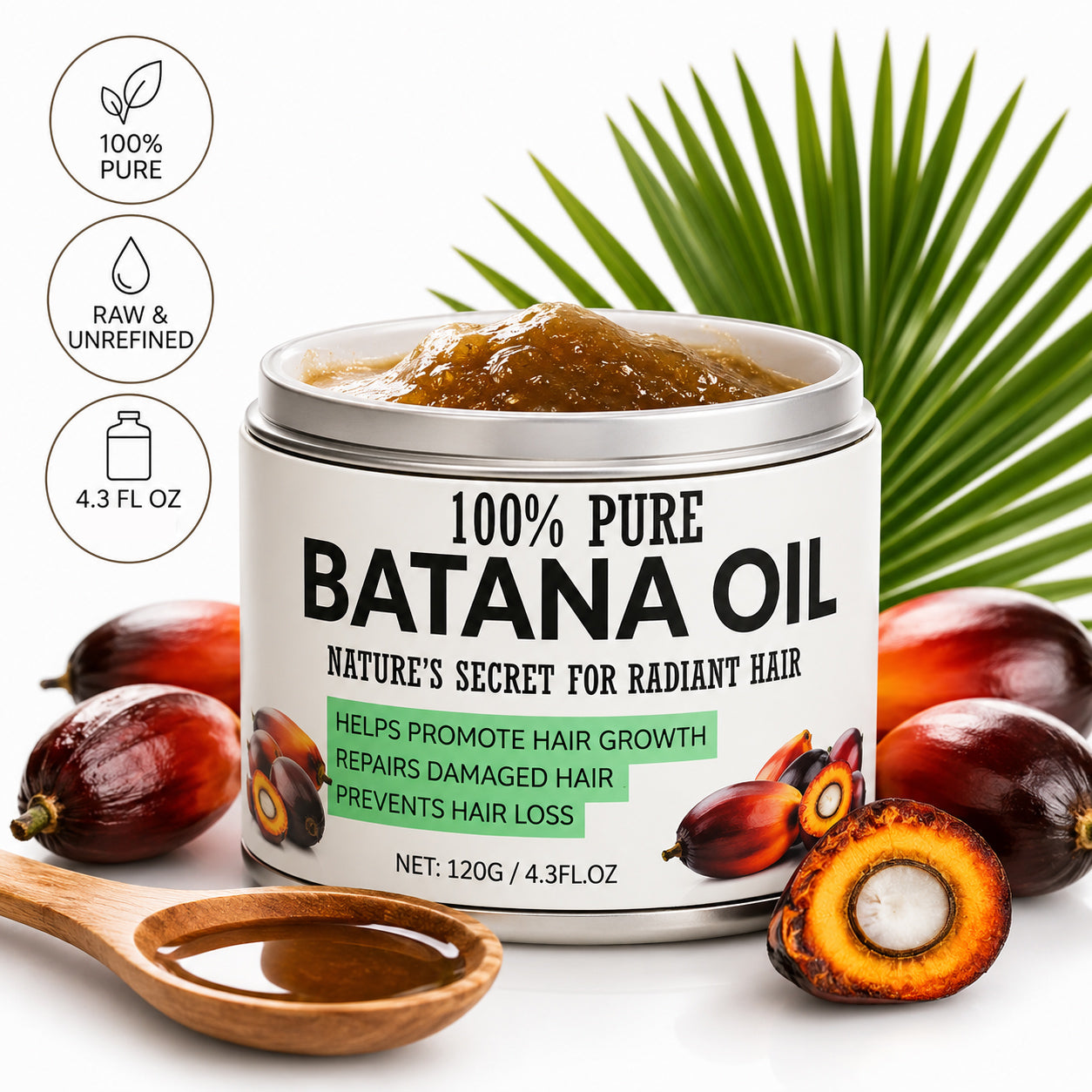 A jar of 100% Pure Batana Oil hair care product shown on a white background with palm leaves, whole and sliced palm fruits, a wooden spoon with brown oil, and three circular callout icons reading 100% Pure, Raw & Unrefined, and 4.3 FL OZ. Brand Thaiphoon Jira