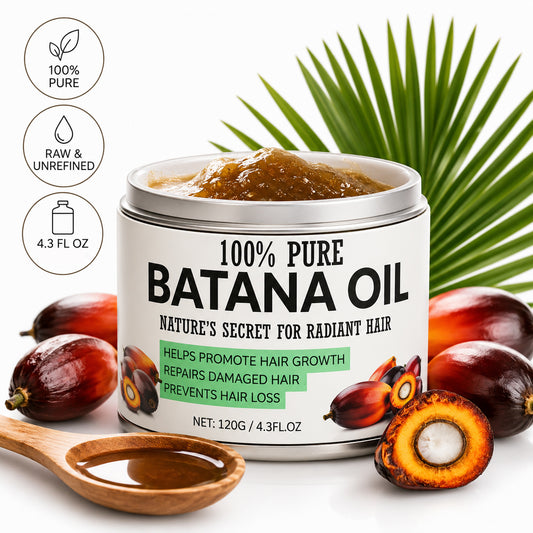 A jar of 100% Pure Batana Oil hair care product shown on a white background with palm leaves, whole and sliced palm fruits, a wooden spoon with brown oil, and three circular callout icons reading 100% Pure, Raw & Unrefined, and 4.3 FL OZ. Brand Thaiphoon Jira