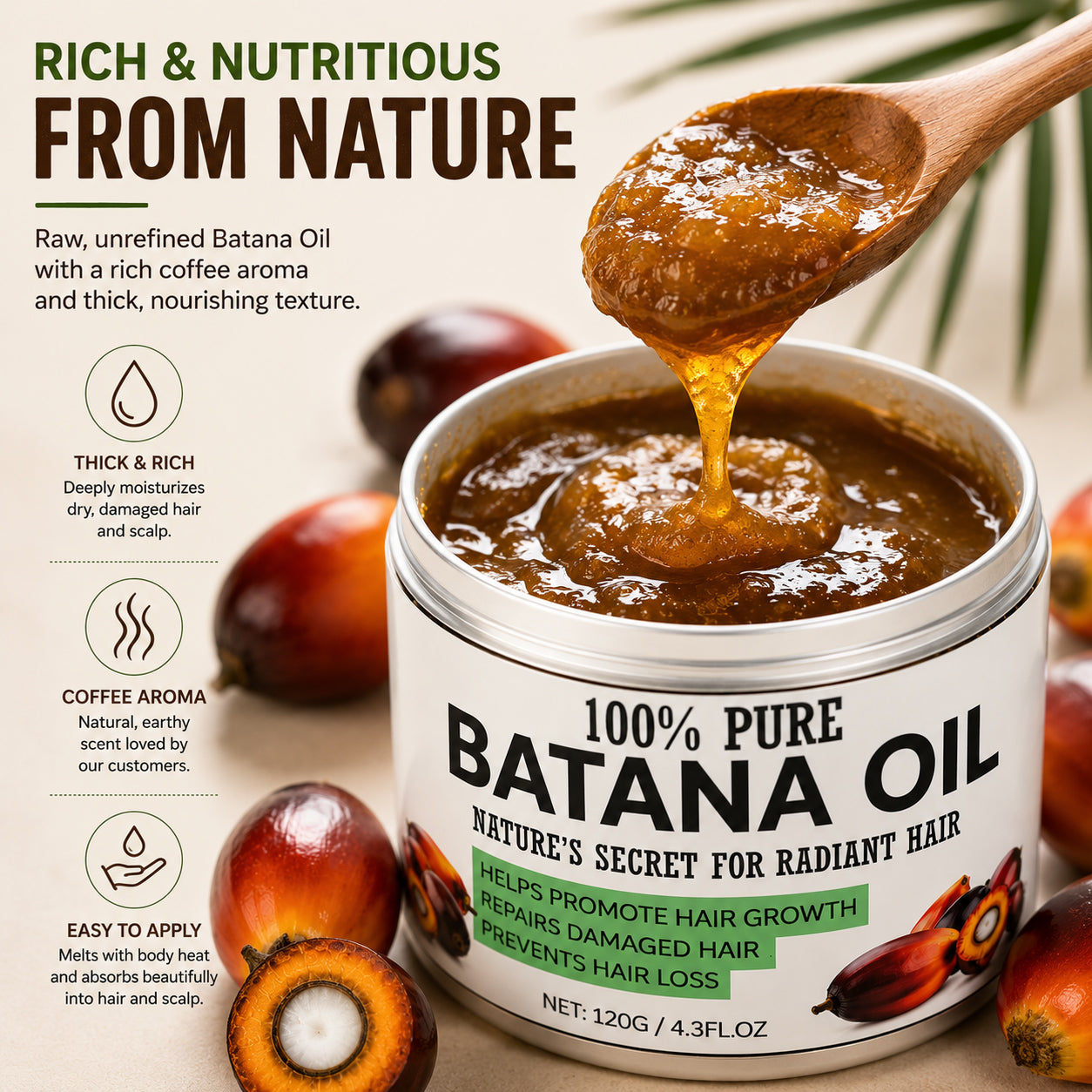 100% Pure Raw Batana Oil with rich, thick texture shown in an open jar with a wooden spoon for hair and scalp care.