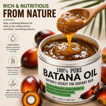 100% Pure Raw Batana Oil with rich, thick texture shown in an open jar with a wooden spoon for hair and scalp care.