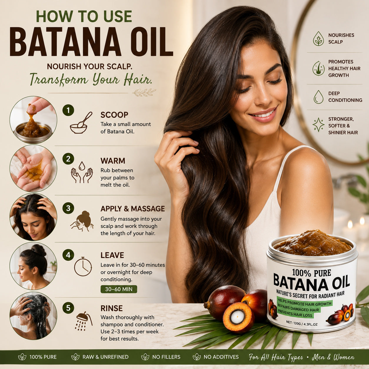 Promotional infographic for Batana Oil hair care, featuring a woman with long dark hair on the right and step-by-step usage instructions on the left, alongside a jar of Batana Oil.