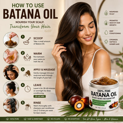 Promotional infographic for Batana Oil hair care, featuring a woman with long dark hair on the right and step-by-step usage instructions on the left, alongside a jar of Batana Oil.