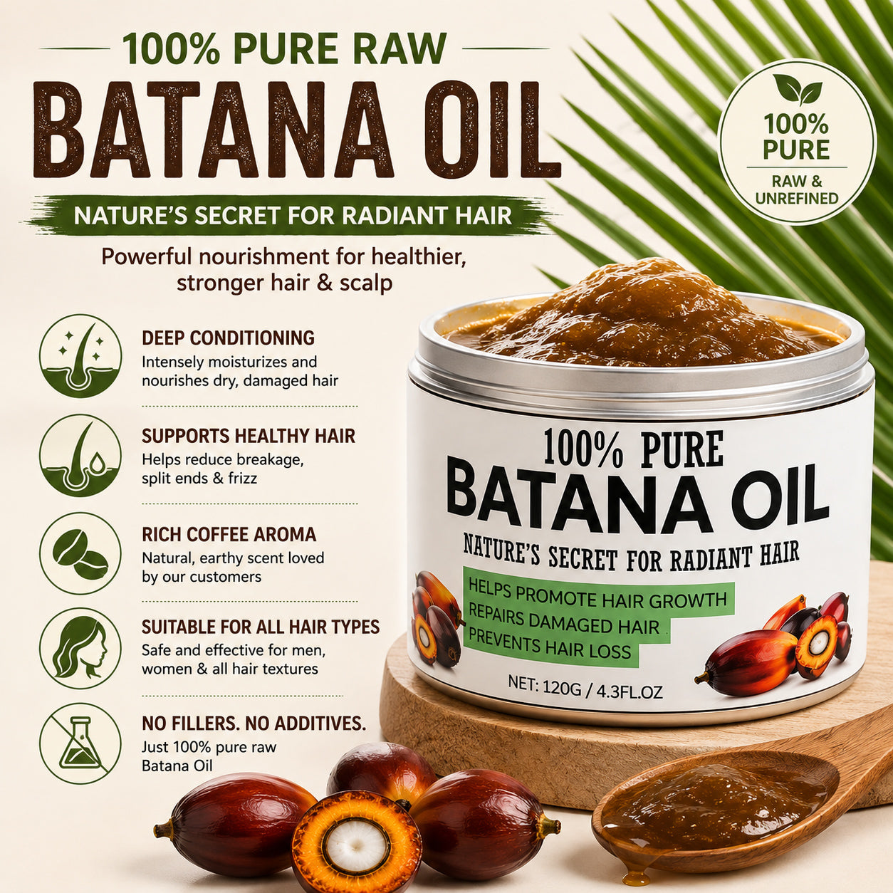 A jar of 100% pure raw batana oil displayed on a wooden surface with sliced banana leaves, a wooden spoon of the oil, and several whole batana fruits. The background is a warm beige with green banana leaf graphics and text detailing the benefits of the hair nourishing oil.