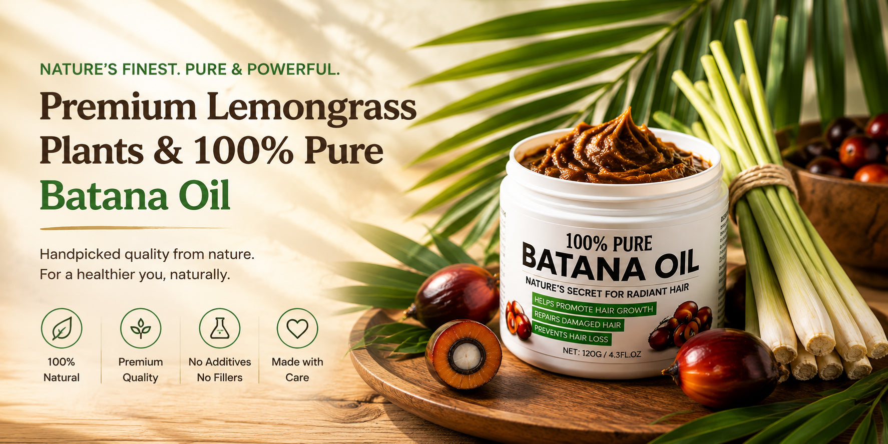 A jar of Batana Oil displayed on a wooden board with lemongrass stalks, palm leaves, and ripe red palm fruits. The left side features promotional text for 'Premium Lemongrass Plants & 100% Pure Batana Oil' with four green icons indicating natural, premium quality, no additives, and made with care.